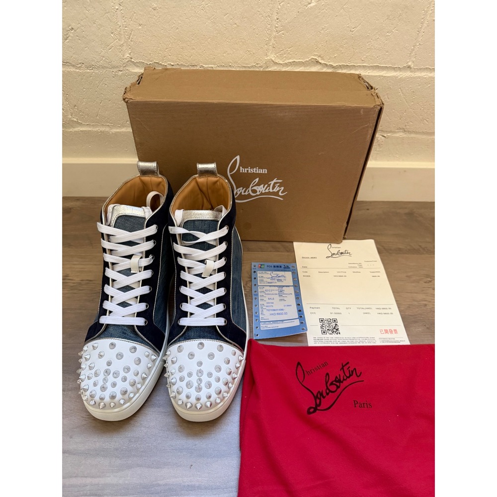 Christian Louboutin Louis Flat Spikes Denim Suede High Top Sneakers Blue NWT M13